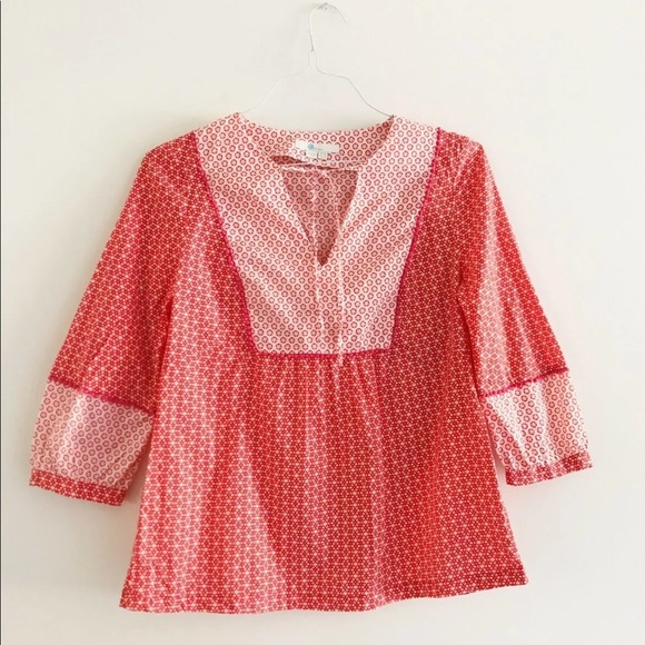 Boden | Gauzy Tie Neck Top Womens Size 6 Red Pullover Boho Star Print Blouse - Picture 2 of 12